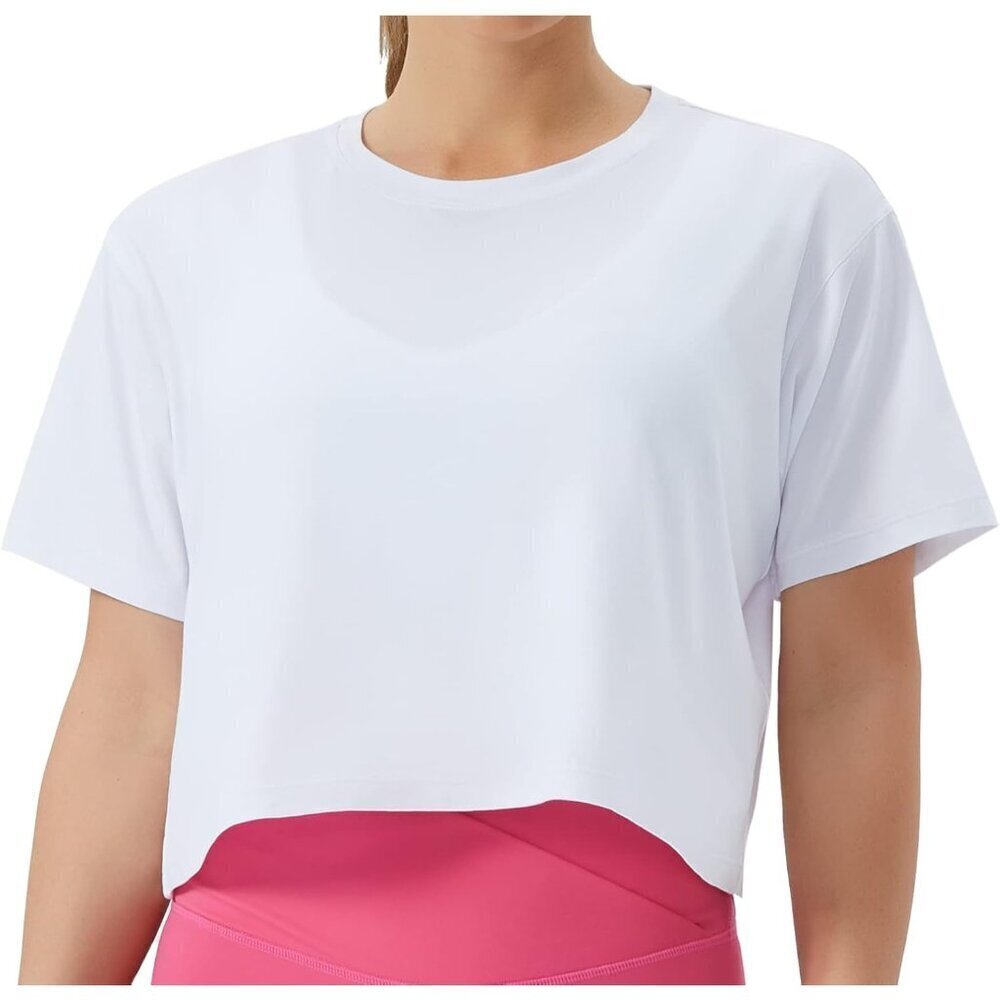 π Women White Workout Crop Top Short Sleeve Boxy Yoga Running Basic Tee T-Shirt